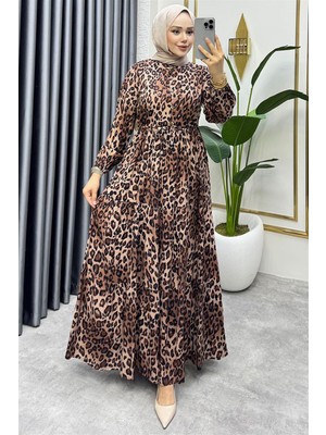 Mestore Beli Tünelli Leopar Elbise Kahverengi