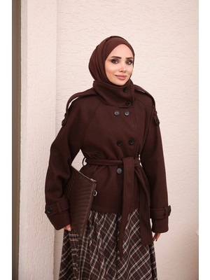 İmaj Butik Kahverengi Dik Yaka Astarlı Kısa Kaşe Kaban