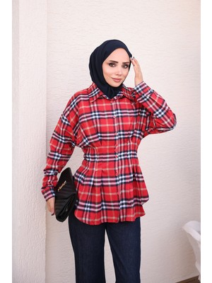 İmaj Butik Kırmızı Lacivert Ekoseli Önü Pensli Gömlek
