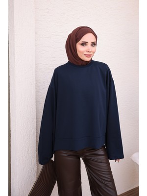 İmaj Butik Lacivert Bisiklet Yaka Oversize Modal Sweat