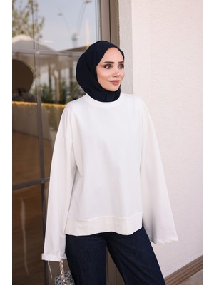 İmaj Butik Ekru Bisiklet Yaka Oversize Modal Sweat