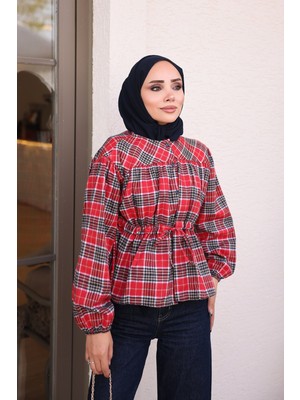 İmaj Butik Kırmızı Kol Lastikli Bel Bağlamalı Gömlek