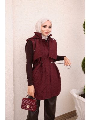 İmaj Butik Bordo Bel Lastikli  Kapitone Cepli Yelek