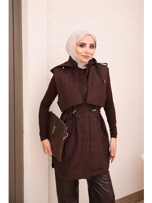 İmaj Butik Kahverengi Bel Lastikli  Kapitone Cepli Yelek