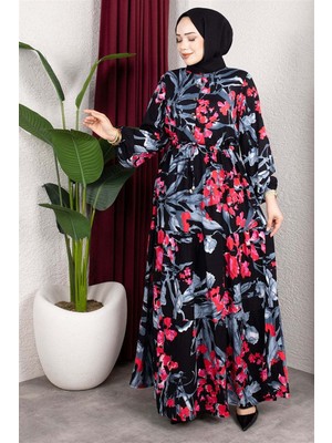 Mestore Beli Tünelli Çiçekli Elbise  Fuşya