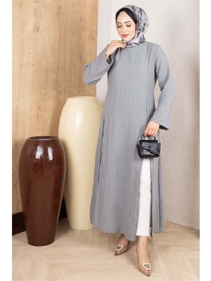Mestore Yırtmaçlı Keten Tunik  Gri