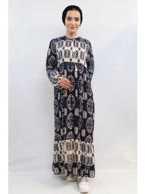 Mestore Moda Çizgi Papatya Desen Elbise Lacivert