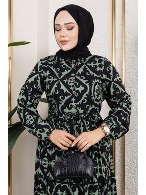 Mestore Etnik Desenli Viskon Elbise Çağla Yeşili