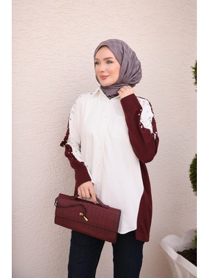 İmaj Butik Bordo Taşlı Corsman Triko Garnili Poplin Gömlek