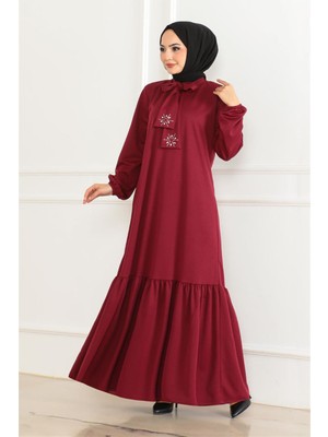 Mestore Taş Detaylı Tesettür Elbise Bordo