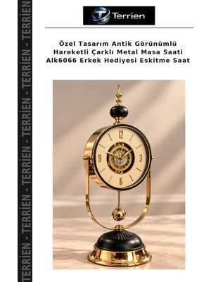 Terrien Özel Tasarım Antik Görünümlü Hareketli Çarklı Metal Masa Saati ALK6066 Erkek Hediyesi Eskitme Saat