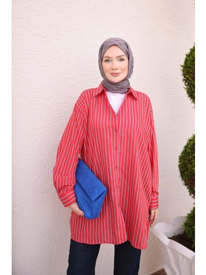 İmaj Butik Kırmızı Kontras Çizgili Salaş Gömlek