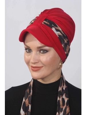 Mestore Leopar Fularlı Şapka Bone  Kırmızı