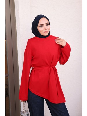İmaj Butik Kırmızı Bel Ip Bağlamalı Asimetrik Kesim Tunik