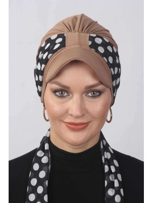 Mestore Puantiyeli Fularlı Şapka Bone  Caramel