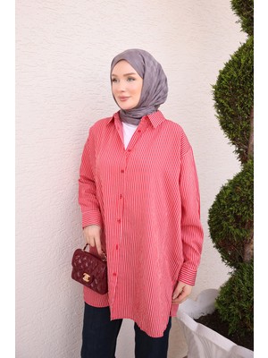 İmaj Butik Kırmızı Kontras Çizgili Salaş Gömlek