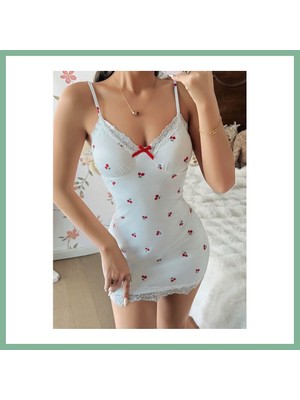 Bşk Virgo Kadın Kiraz Desenli Dantel ve Fiyonk Detaylı Askılı Mini Elbise 5240 · Beden: S/m · Renk: Beyaz BSK2026
