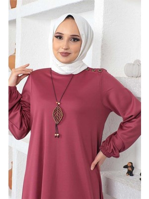 Mestore Kolyeli Bisiklet Yaka Tesettür Elbise Gül Kurusu