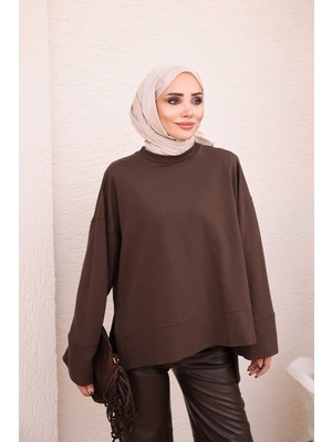 İmaj Butik Kahverengi Geniş Kol Yırtmaçlı Modal Sweatshirt