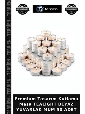 Terrien Premium Tasarım Kutlama Masa Tealight Beyaz Yuvarlak Mum 50 Adet