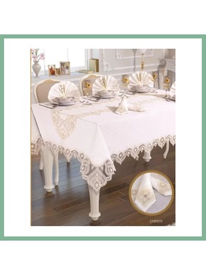 Bşk Virgo Kartanesi Gardenya Keten Yemek Takımı Masa Seti 12 Kişilik 26 Parça 160 × 220 cm Runner Set Krem BSK2026
