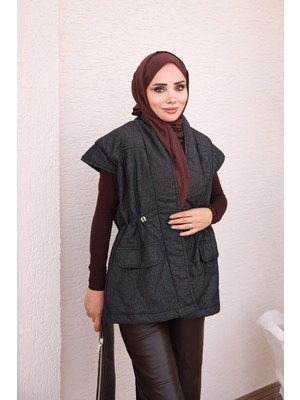 İmaj Butik Siyah Bel Lastikli Kapitone Yelek