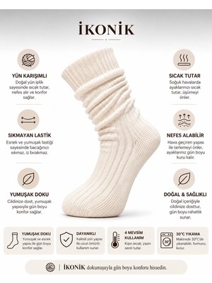 İkonik Socks Kadın Yün Diz Altı Bot Çorabı Krem Renk