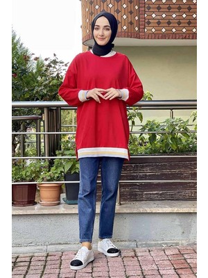 Mestore Ribana Çizgili Sweat Kırmızı