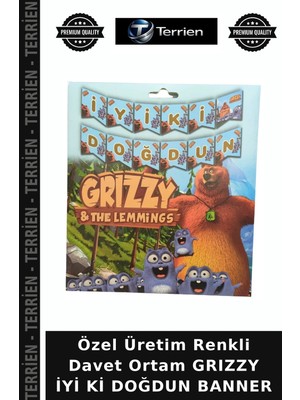 Terrien Özel Üretim Renkli Davet Ortam Grızzy Iyi Ki Doğdun Banner