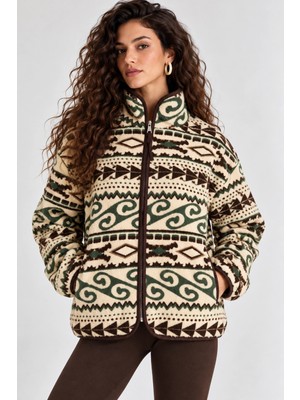 Mevese Esenli Dik Yaka Cepli Biyeli Kadın Polar Sweatshirt - Krem-Yeşil