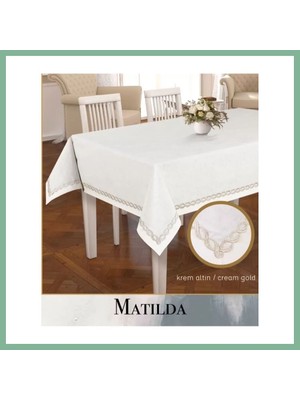 Bşk Virgo Keten Masa Örtüsü Matilda Model 155X300 cm Krem-Gold Yemek Masası Örtüsü Tasarım BSK2026