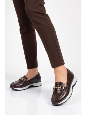 Ayk's Toka Detaylı Kalın Tabanlı Şık Rahat Kahve Kırışık Kadın Casual Ayakkabı Loafer 062