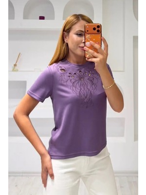 Fiolin Soft Touch Modal Kumaş Nakışlı Lazer Kesim T-Shirt