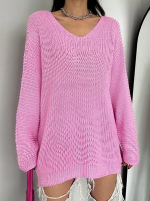 Fiolin Kadın Pembe V Yaka Selanik Örgü Oversize Triko Kazak