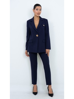 Dorne Moda Kadın Gold Düğmeli Şık Blazer Ceket Pantolon Ikili Takım - Düğün - Ofis Şıklığı - Özel Gün Takım Elbise