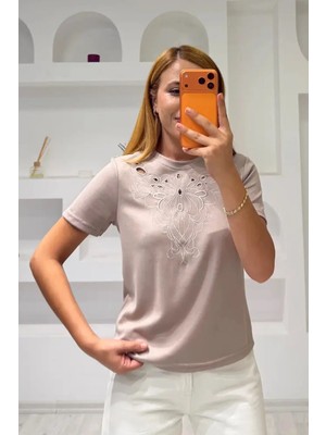 Fiolin Soft Touch Modal Kumaş Nakışlı Lazer Kesim T-Shirt