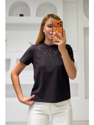 Fiolin Soft Touch Modal Kumaş Nakışlı Lazer Kesim T-Shirt