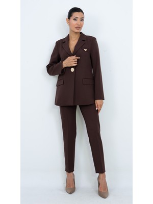 Dorne Moda Kadın Gold Düğmeli Şık Blazer Ceket Pantolon Ikili Takım - Düğün - Ofis Şıklığı - Özel Gün Takım Elbise