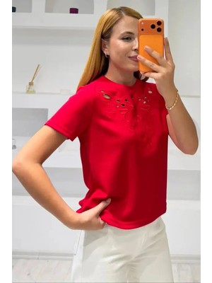 Fiolin Soft Touch Modal Kumaş Nakışlı Lazer Kesim T-Shirt