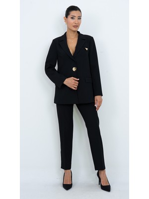 Dorne Moda Kadın Gold Düğmeli Şık Blazer Ceket Pantolon Ikili Takım - Düğün - Ofis Şıklığı - Özel Gün Takım Elbise