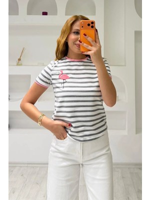 Fiolin Bisiklet Yaka Çizgili T-Shirt