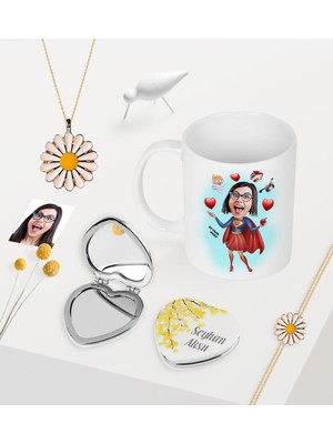 BK Gift Kişiye Özel Süper Anne Karikatürlü Kupa Kalp Ayna Papatya Kolye Bileklik Seti