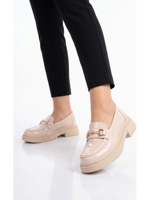 Ayk's Toka Detaylı Kalın Tabanlı Şık Rahat Bej Rugan Kadın Casual Ayakkabı Loafer 1805