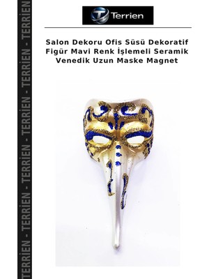 Terrien Salon Dekoru Ofis Süsü Dekoratif Figür Mavi Renk Işlemeli Seramik Venedik Uzun Maske Magnet