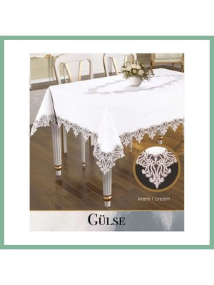Bşk Virgo Gülse Model Keten Tek Masa Örtüsü 155X260 cm Krem Dantelli Yemek Masası BSK2026