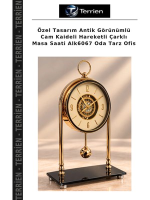 Terrien Özel Tasarım Antik Görünümlü Cam Kaideli Hareketli Çarklı Masa Saati ALK6067 Oda Tarz Ofis