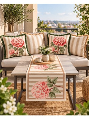 Sunum Luxe Sunumluxe Çizgili Çiçek Desenli Runner + 4’lü Kırlent Kılıfı Kombin Seti