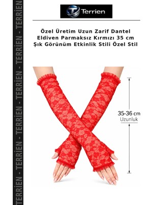Terrien Özel Üretim Uzun Zarif Dantel Eldiven Parmaksız Kırmızı 35 cm Şık Görünüm Etkinlik Stili Özel Stil