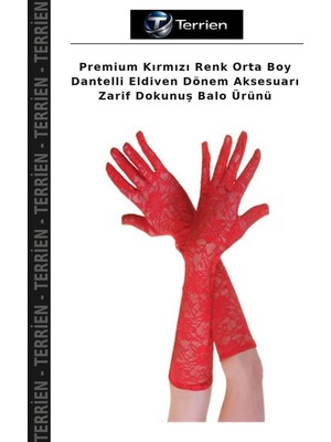 Terrien Premium Kırmızı Renk Orta Boy Dantelli Eldiven Dönem Aksesuarı Zarif Dokunuş Balo Ürünü