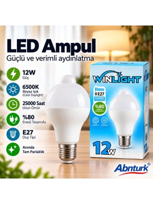 Abnturk Akıllı  Hareket Sensörlü Otomatik Devreye GIREN12W E27 DUY 6500K Ampul-Tasarruflu Konforlu Lamba